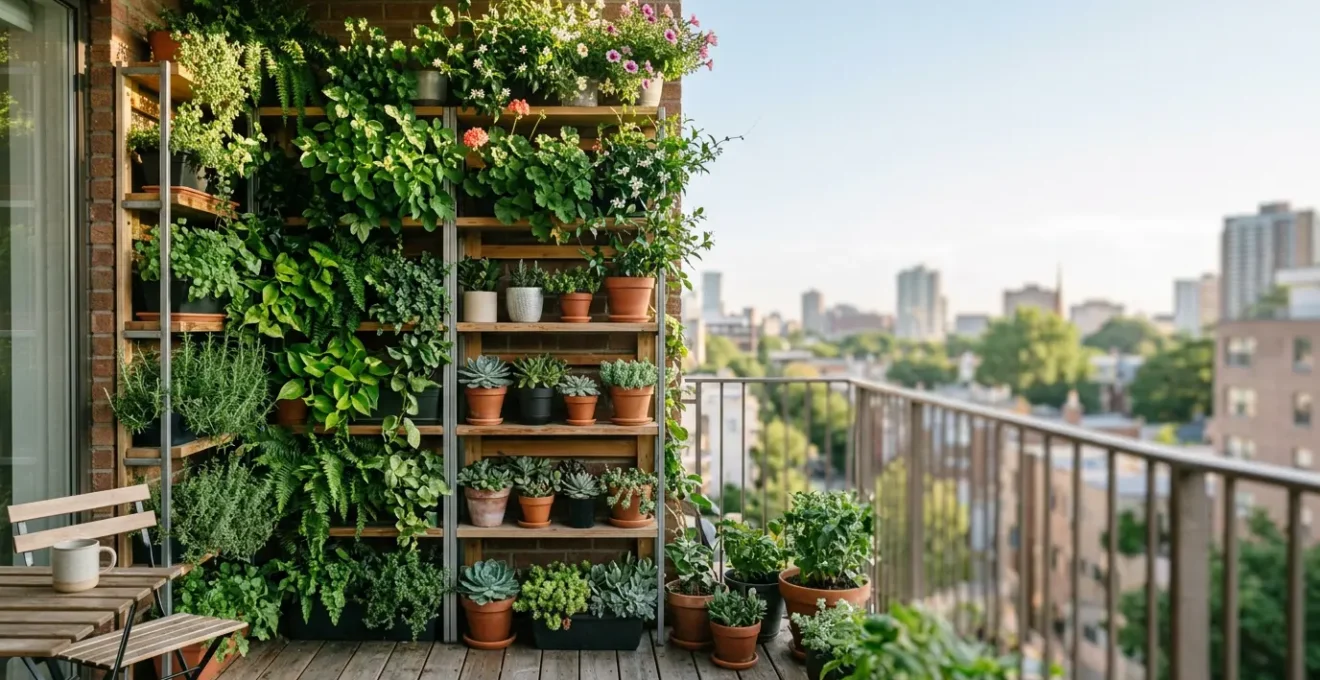Balcón pequeño transformado con jardín vertical de plantas dispuestas en diferentes niveles aprovechando toda la altura disponible