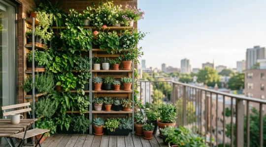 Balcón pequeño transformado con jardín vertical de plantas dispuestas en diferentes niveles aprovechando toda la altura disponible
