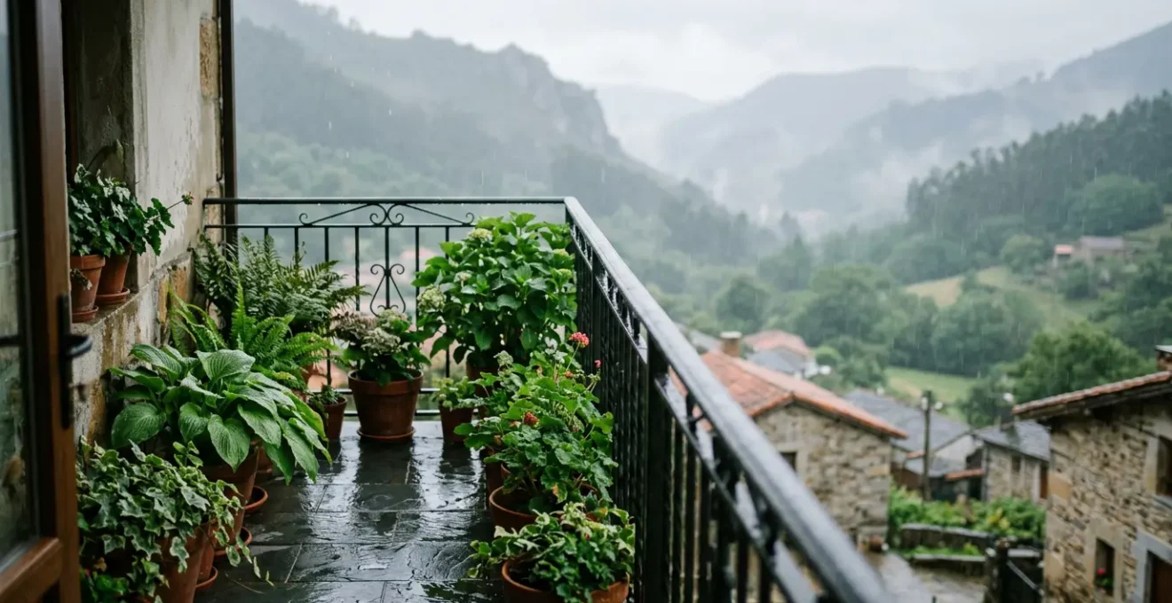 Balcón del norte de España con plantas verdes bajo lluvia constante y clima húmedo atlántico