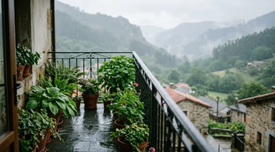 Balcón del norte de España con plantas verdes bajo lluvia constante y clima húmedo atlántico