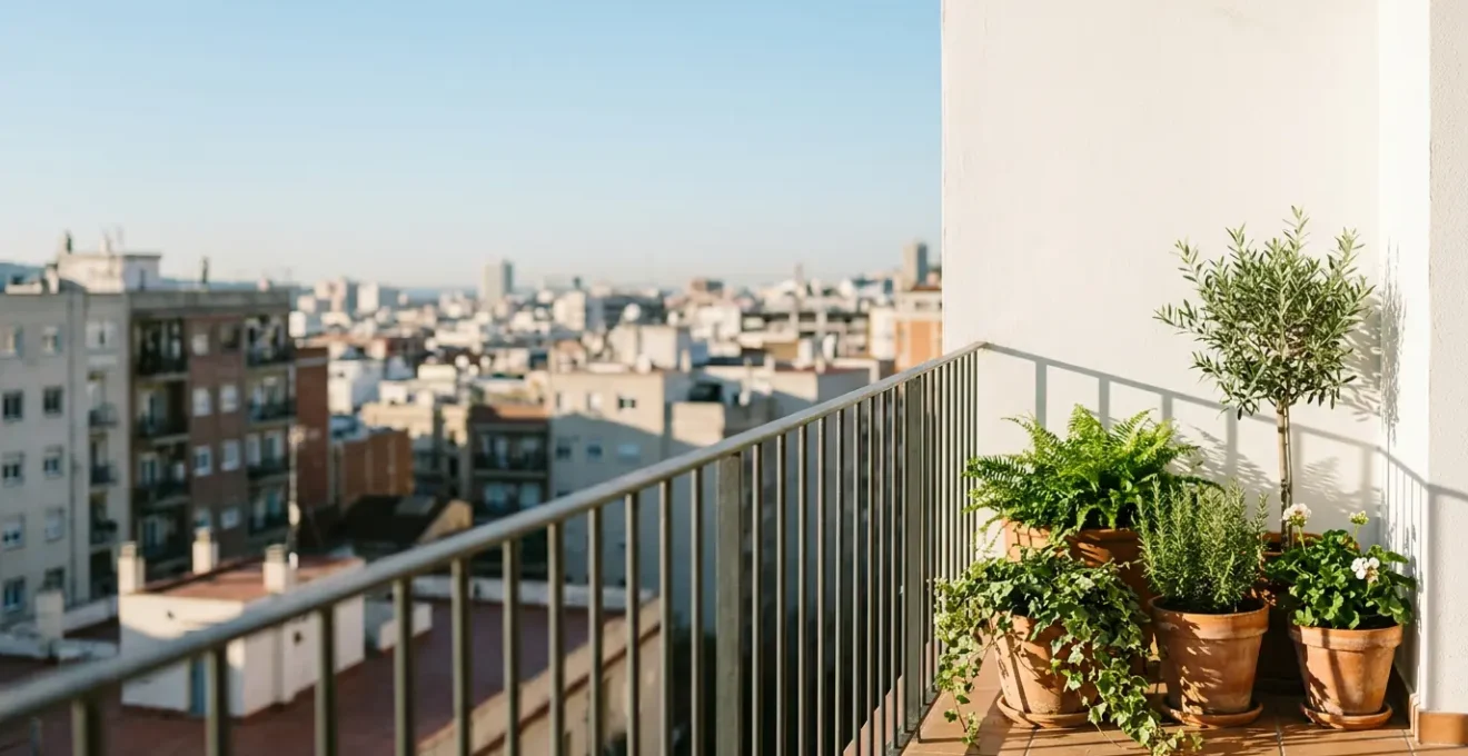 Balcón urbano con plantas verdes recibiendo luz solar directa, composición minimalista