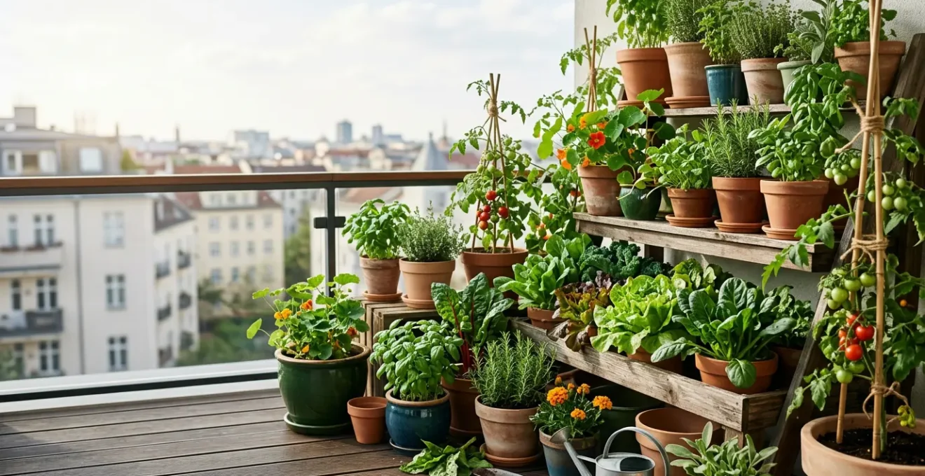 Balcón urbano con macetas de vegetales cultivados orgánicamente sin fertilizantes químicos