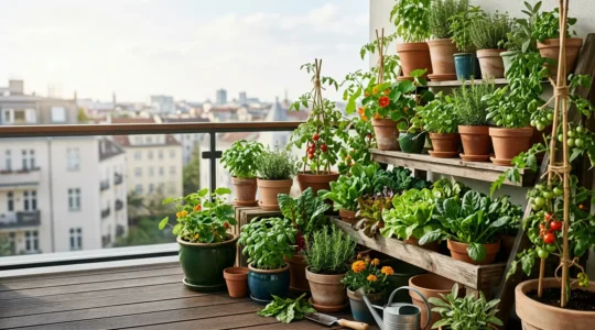 Balcón urbano con macetas de vegetales cultivados orgánicamente sin fertilizantes químicos