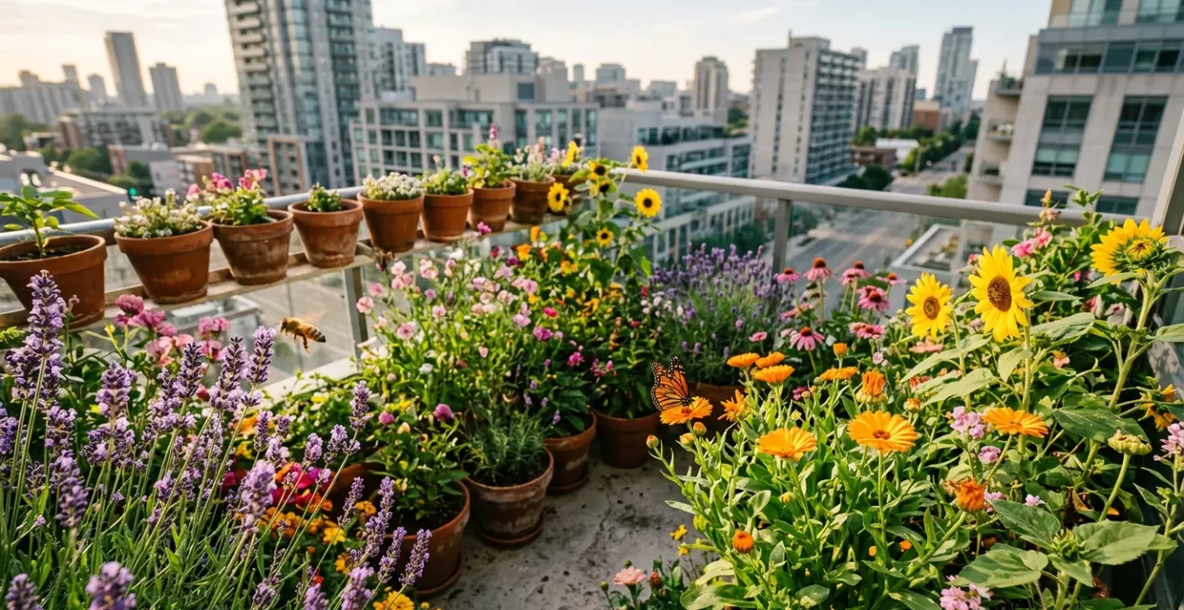 Balcón urbano repleto de plantas nativas florecidas con abejas y mariposas polinizadoras