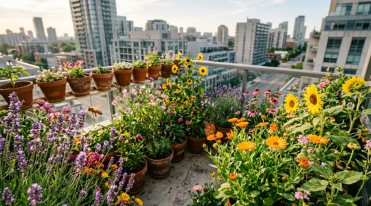 Balcón urbano repleto de plantas nativas florecidas con abejas y mariposas polinizadoras