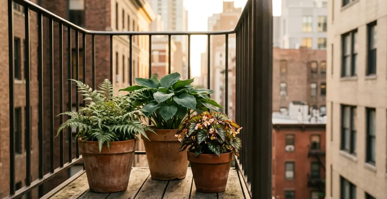 Balcón urbano orientado al norte con plantas de sombra en macetas y luz natural suave filtrándose entre edificios