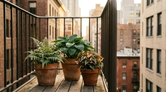 Balcón urbano orientado al norte con plantas de sombra en macetas y luz natural suave filtrándose entre edificios
