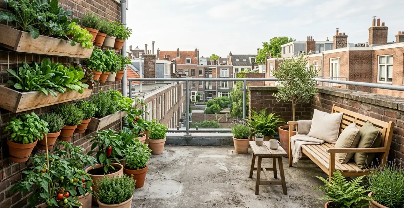 Terraza urbana de 8 metros cuadrados organizada en dos zonas, con huerto vertical y rincón de descanso con plantas, sin texto visible