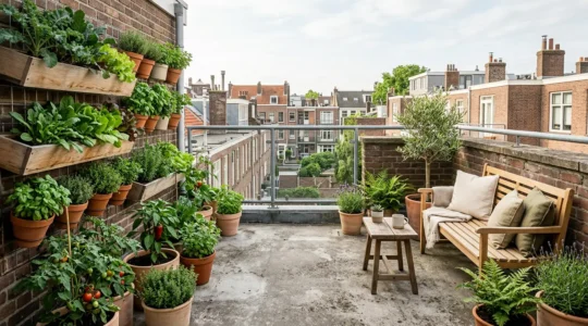 Terraza urbana de 8 metros cuadrados organizada en dos zonas, con huerto vertical y rincón de descanso con plantas, sin texto visible