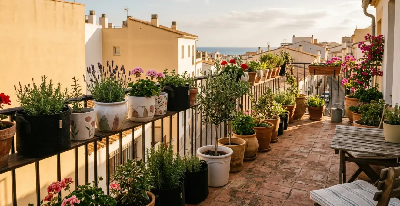 Vista amplia de un balcón urbano mediterráneo con diversas macetas de diferentes materiales y colores estratégicamente ubicadas según la luz solar