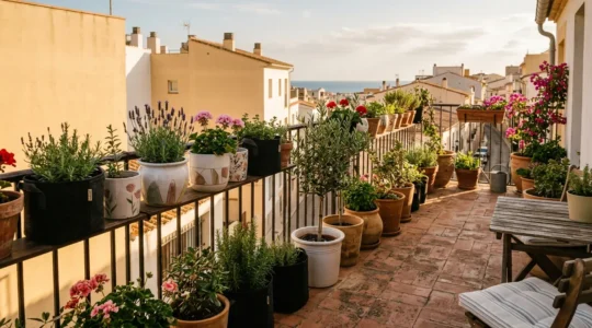 Vista amplia de un balcón urbano mediterráneo con diversas macetas de diferentes materiales y colores estratégicamente ubicadas según la luz solar