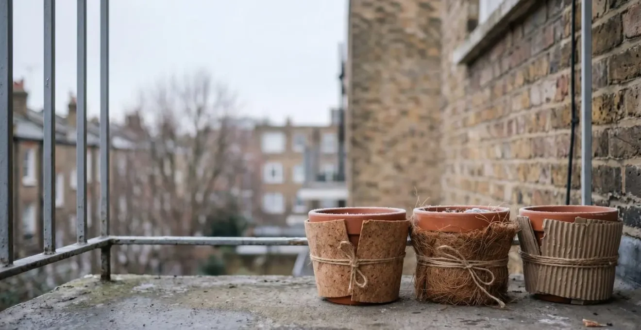 Macetas protegidas del frío invernal con materiales naturales y reciclables en un balcón pequeño