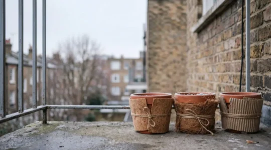 Macetas protegidas del frío invernal con materiales naturales y reciclables en un balcón pequeño