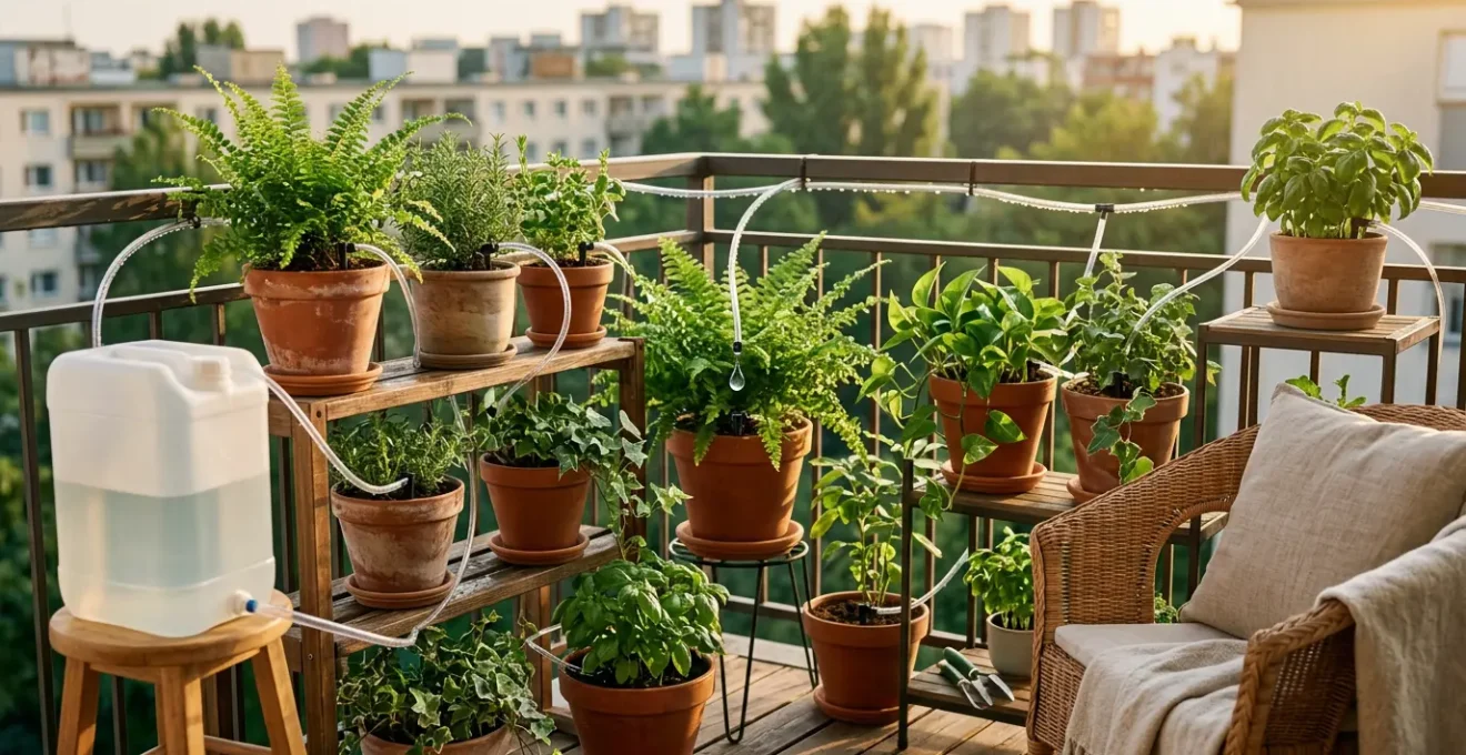 Sistema de riego automático por goteo funcionando en un balcón pequeño con plantas verdes durante las vacaciones de verano