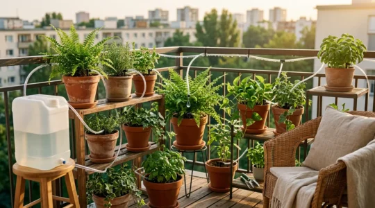 Sistema de riego automático por goteo funcionando en un balcón pequeño con plantas verdes durante las vacaciones de verano