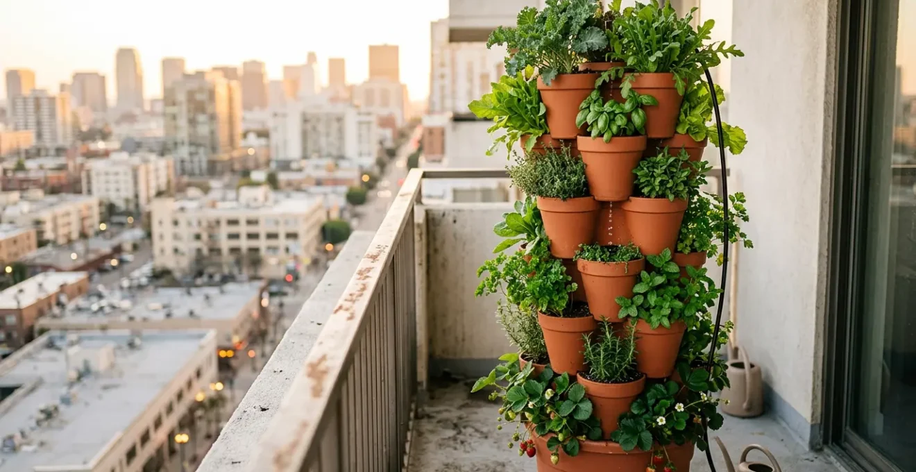 Torre de cultivo vertical de macetas apiladas en balcón con sistema de riego por goteo en cascada