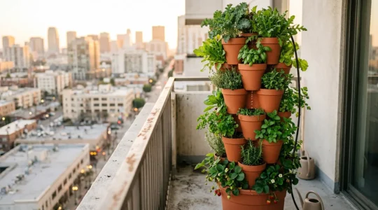 Torre de cultivo vertical de macetas apiladas en balcón con sistema de riego por goteo en cascada