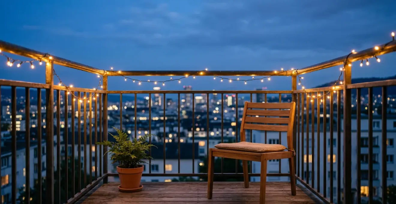 Balcón pequeño de noche iluminado con guirnaldas de luz cálida creando ambiente acogedor