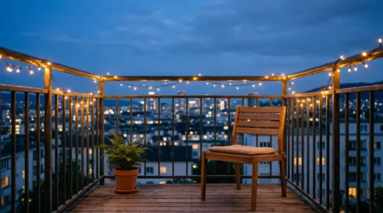 Balcón pequeño de noche iluminado con guirnaldas de luz cálida creando ambiente acogedor