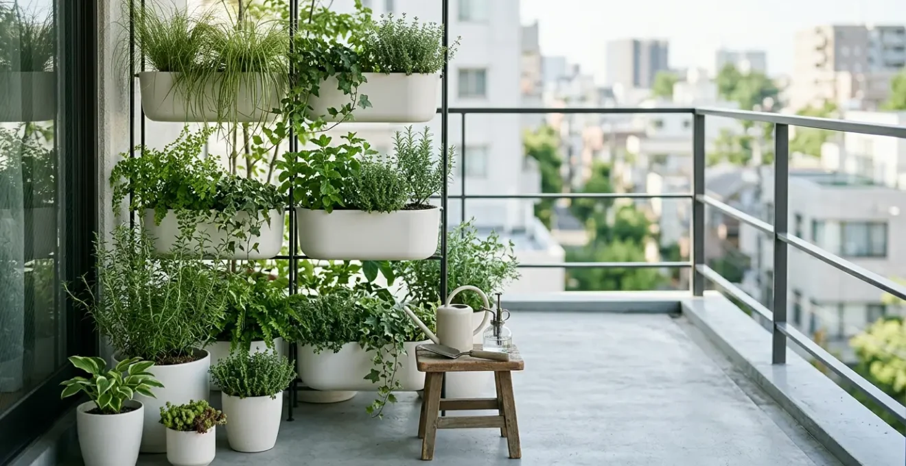 Balcón pequeño con jardín vertical organizado, macetas blancas y plantas de hoja fina que permiten el paso de la luz