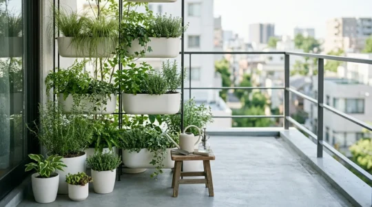 Balcón pequeño con jardín vertical organizado, macetas blancas y plantas de hoja fina que permiten el paso de la luz