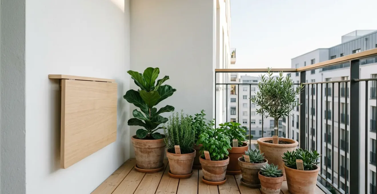 Balcón pequeño transformable con mesa plegable y plantas, listo para convertirse en zona de comedor