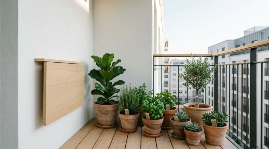 Balcón pequeño transformable con mesa plegable y plantas, listo para convertirse en zona de comedor