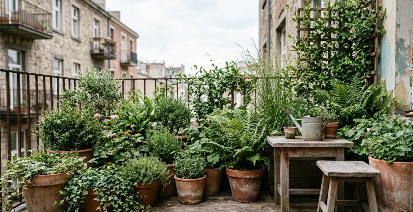 Balcón pequeño transformado en jardín natural con plantas exuberantes, macetas de terracota y composición orgánica sin artificialidad