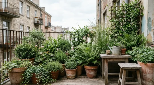 Balcón pequeño transformado en jardín natural con plantas exuberantes, macetas de terracota y composición orgánica sin artificialidad