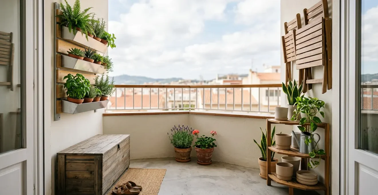 Balcón urbano pequeño con las cuatro esquinas aprovechadas estratégicamente con plantas, almacenamiento y mobiliario compacto