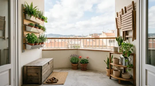 Balcón urbano pequeño con las cuatro esquinas aprovechadas estratégicamente con plantas, almacenamiento y mobiliario compacto