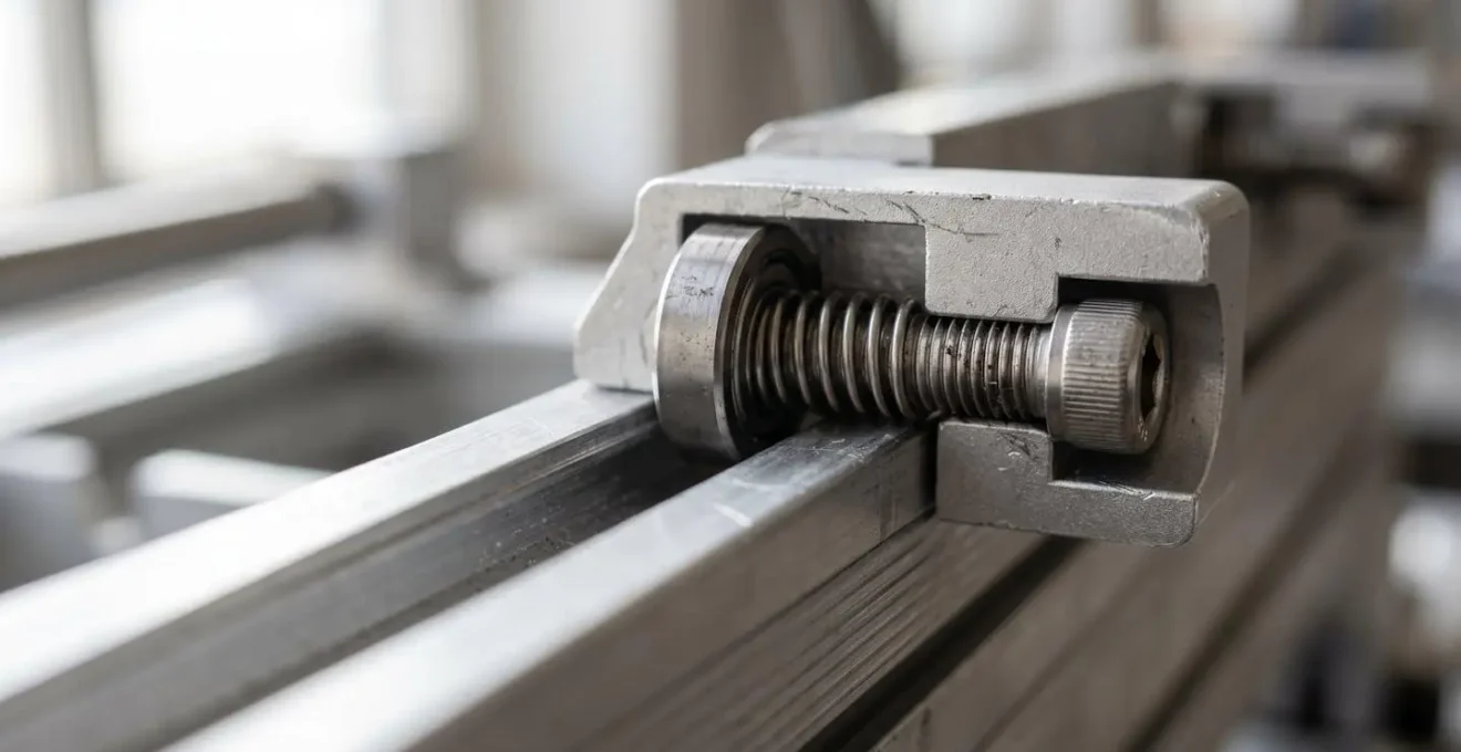 Primer plano detallado del mecanismo de guías laterales de aluminio con el perfil metálico brillante y el tejido insertado