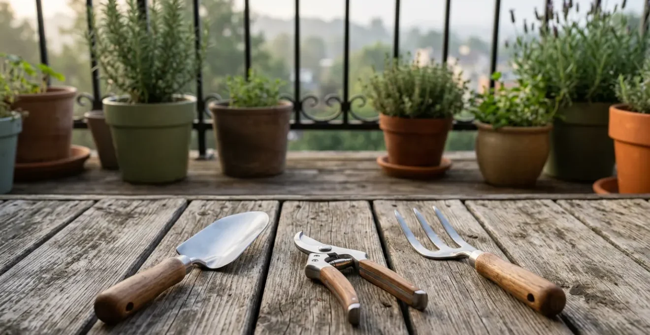 Herramientas de jardinería de acero inoxidable sobre superficie natural con luz suave
