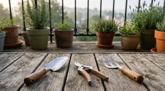 Herramientas de jardinería de acero inoxidable sobre superficie natural con luz suave