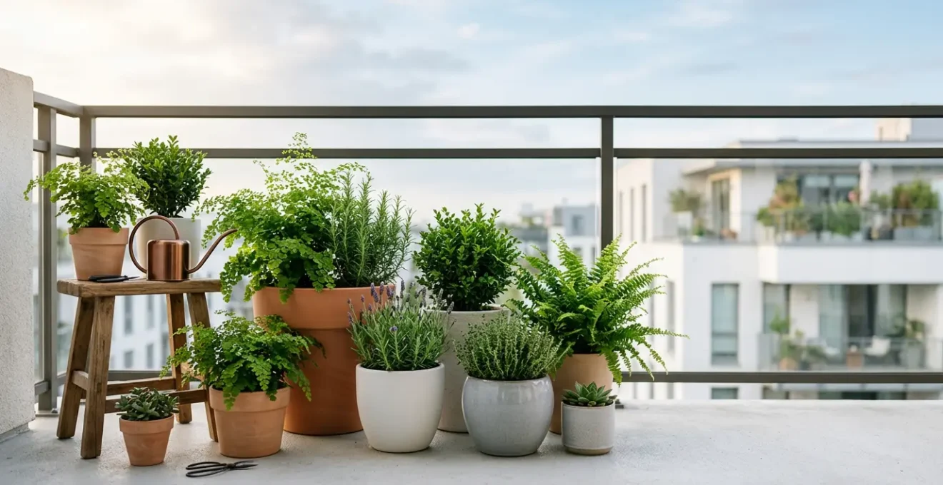 Macetas de cerámica decorativas en distintos tonos y texturas sobre balcón urbano con plantas verdes