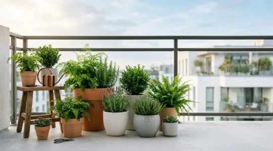 Macetas de cerámica decorativas en distintos tonos y texturas sobre balcón urbano con plantas verdes