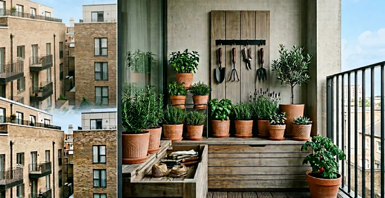 Sistema de organización de herramientas de jardinería en balcón pequeño con soluciones discretas y funcionales
