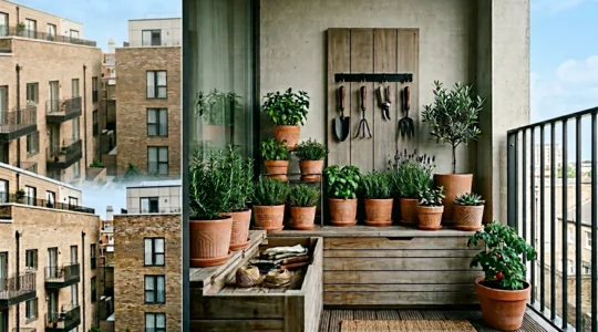 Sistema de organización de herramientas de jardinería en balcón pequeño con soluciones discretas y funcionales