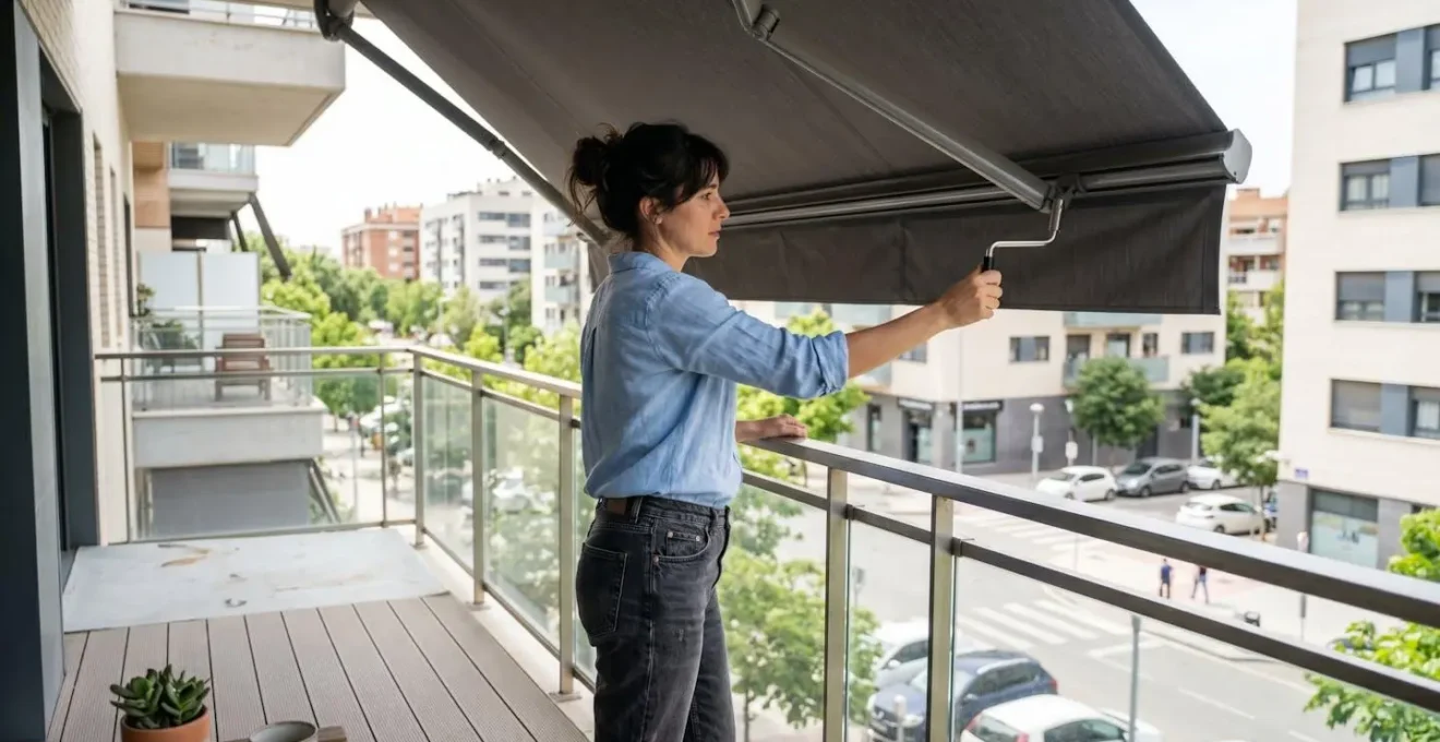 Una persona vista de perfil ajusta la manivela de un toldo instalado en un balcón moderno con luz natural