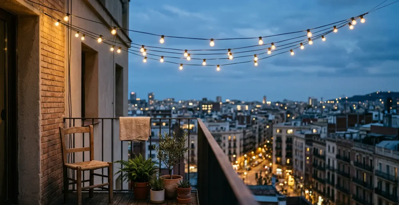 Balcón urbano de noche con techo de guirnaldas de luces cálidas suspendidas sin estructuras pesadas, creando ambiente acogedor