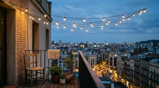 Balcón urbano de noche con techo de guirnaldas de luces cálidas suspendidas sin estructuras pesadas, creando ambiente acogedor