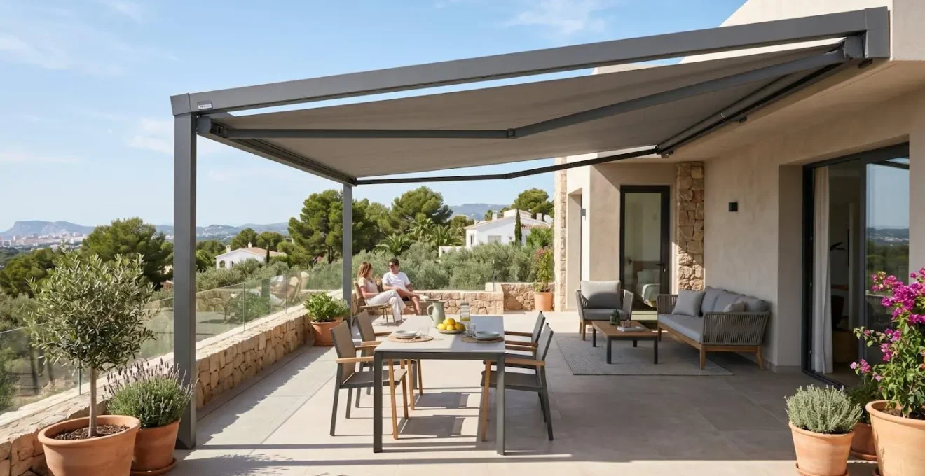 Terraza moderna con mobiliario contemporáneo protegida por un toldo de guías laterales en un día soleado