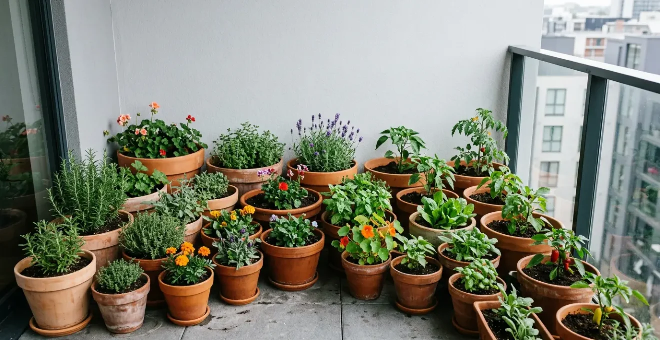 Espacio de balcón urbano con múltiples macetas apretadas en disposición densa, herramientas de jardinería compactas especializadas
