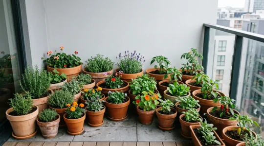 Espacio de balcón urbano con múltiples macetas apretadas en disposición densa, herramientas de jardinería compactas especializadas