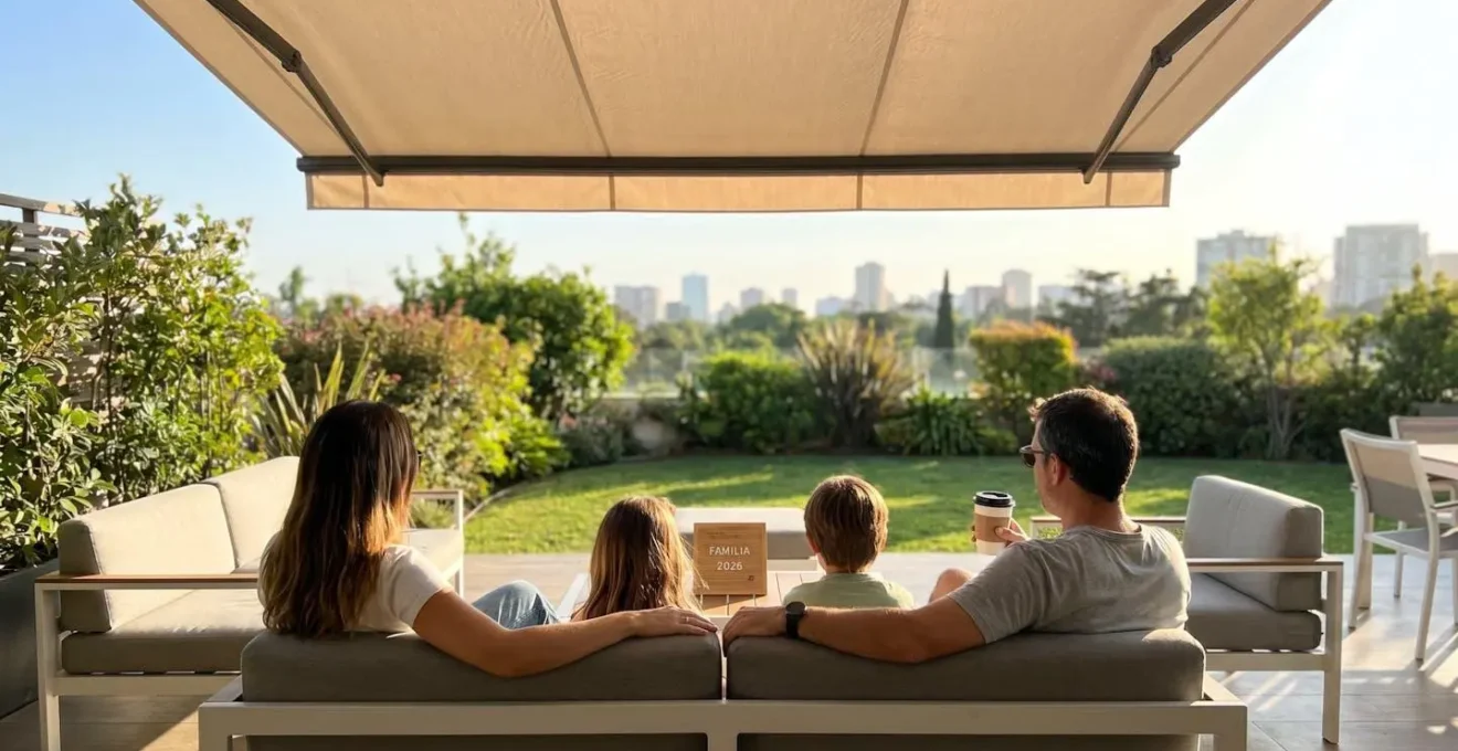 Una familia vista de espaldas disfruta de una terraza contemporánea con un toldo desplegado durante una tarde soleada